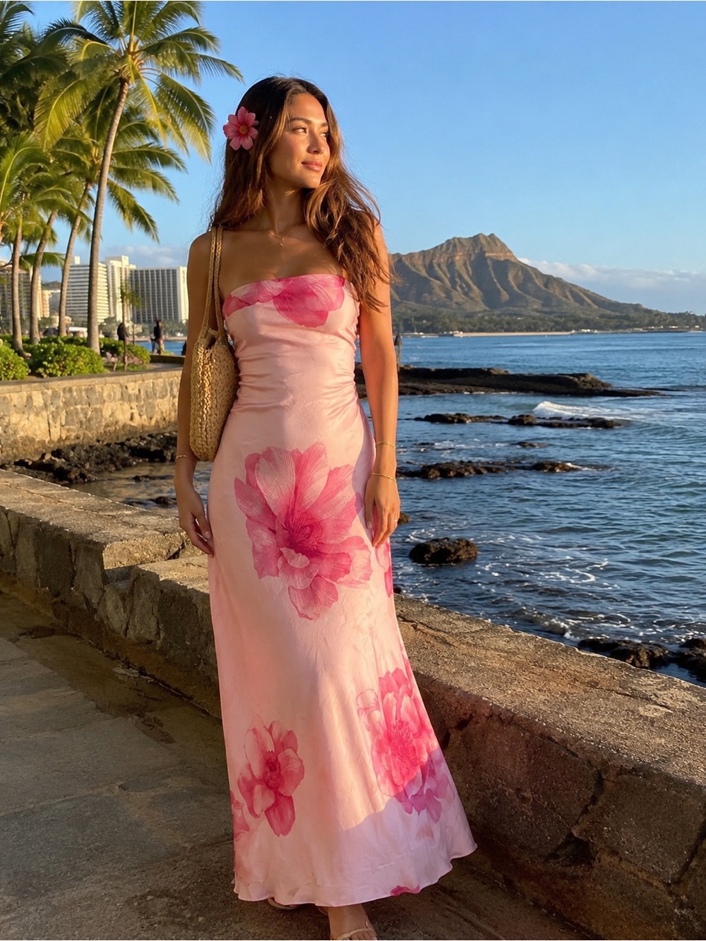 TRIXXI | Strapless Pink Floral Summer Vacation Maxi Dress | L